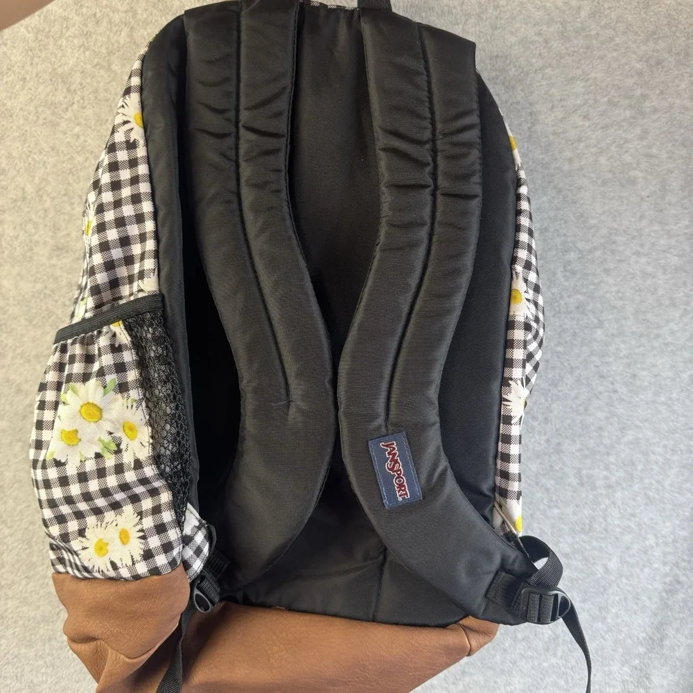 JanSport Unisex Black White Checkered Daisy Backpack Canvas Zip Daises